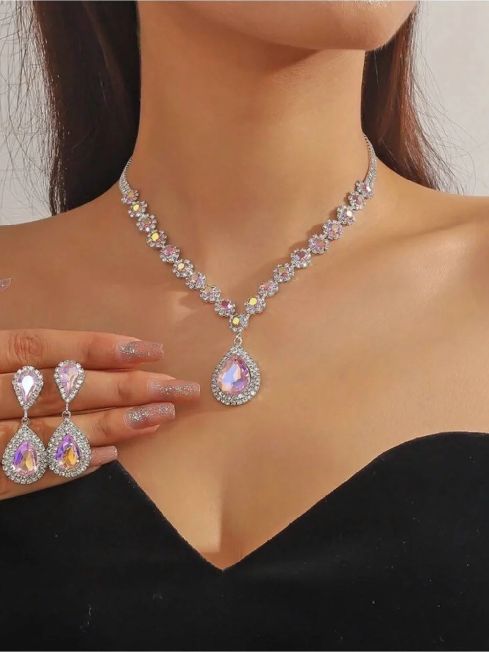 Elegant Pink Crystal Teardrop Necklace and Earring Set